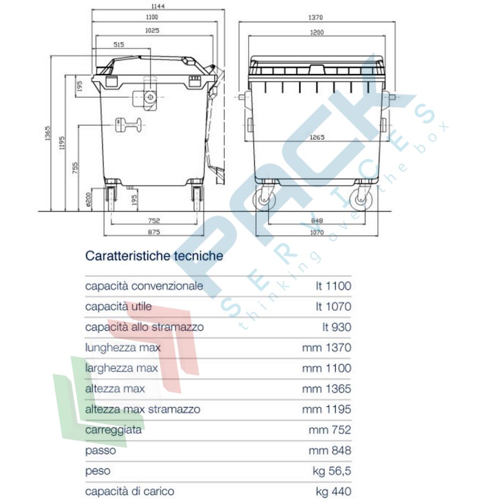 Cassonetto Raccolta Differenziata 1100 Lt Verde - UNI EN 840, Con Ruote E Coperchio Piano