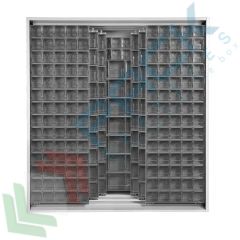 Armadio portaminuteria 3 pannelli fissi + 6 scorrevoli, grigio, Tipologia: Scaffale con Pannelli Scorrevoli, Tipo Contenitore: Cassette Portaminuteria, Versione: 3 Fissi + 6 Scorrevoli, Cassetti/e nr.: 510, Colore: Grigio Scuro, Misura: 1870 L x 800 P x 1950 H mm vendita, produzione, prezzi e offerte