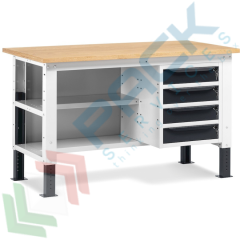 Banco da lavoro piano in legno, 150 cm, 4 cassetti e 2 semipiani, Tipologia: Banco con Cassetti, Gambe: Regolabili, Materiale Piano: Legno, Larghezza (cm): 150, Versione: 4 Cassetti + 2 Semipiani, Colore: Grigio vendita, produzione, prezzi e offerte