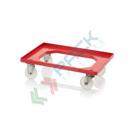 Carrello per cassette Norma Europa, Mis. 62 x 42 cm, 4 ruote in poliammide, struttura ruote in acciaio inox (2 sterzanti+2 fisse), rosso RAL 3020, Tipologia: Carrello Ruote Poliammide, Colore: Rosso, Mis. Base (cm): 40 x 60, Versione: 2 Ruote Sterzanti in Acciaio Inox + 2 Ruote Fisse in Acciao Inox vendita, produzione, prezzi e offerte