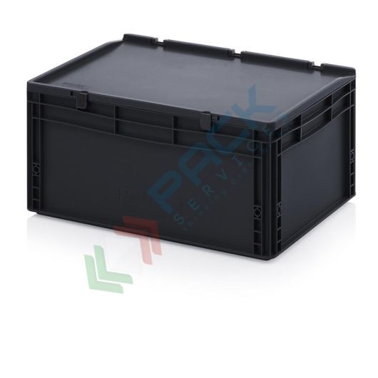 Cassetta in plastica (PP) conduttiva e antistatica, capacità 56 Lt, Mis. 600 L x 400 P x 285 H mm, coperchio integrato, Tipologia: Conduttive Antistatiche, Mis. Base (cm): 40 x 60, Altezza (cm): 28,5, Versione: Con Coperchio vendita, produzione, prezzi e offerte