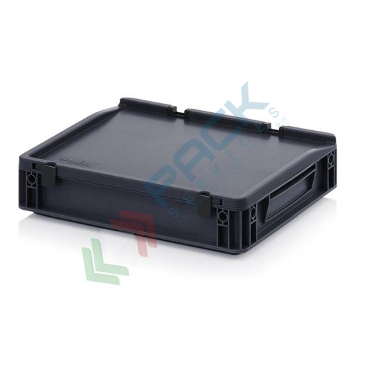 Cassetta in plastica (PP) conduttiva e antistatica, capacità 6,9 Lt, Mis. 400 L x 300 P x 90 H mm, coperchio integrato, Tipologia: Conduttive Antistatiche, Mis. Base (cm): 30 x 40, Altezza (cm): 9,4, Versione: Con Coperchio vendita, produzione, prezzi e offerte