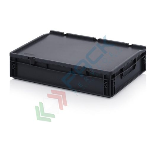 Cassetta in plastica (PP) conduttiva e antistatica, capacità 24 Lt, Mis. 600 L x 400 P x 135 H mm, coperchio integrato, Tipologia: Conduttive Antistatiche, Mis. Base (cm): 40 x 60, Altezza (cm): 13,5, Versione: Con Coperchio vendita, produzione, prezzi e offerte