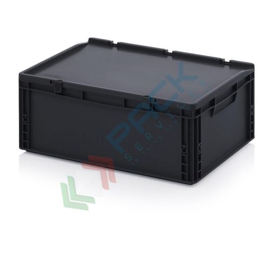 Cassetta in plastica (PP) conduttiva e antistatica, capacità 45 Lt, Mis. 600 L x 400 P x 235 H mm, coperchio integrato, Tipologia: Conduttive Antistatiche, Mis. Base (cm): 40 x 60, Altezza (cm): 23,5, Versione: Con Coperchio vendita, produzione, prezzi e offerte