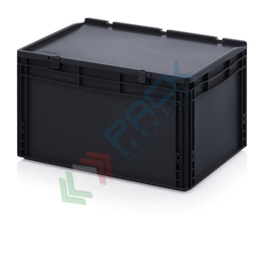 Cassetta in plastica (PP) conduttiva e antistatica, capacità 66 Lt, Mis. 600 L x 400 P x 335 H mm, coperchio integrato, Tipologia: Conduttive Antistatiche, Mis. Base (cm): 40 x 60, Altezza (cm): 33,5, Versione: Con Coperchio vendita, produzione, prezzi e offerte