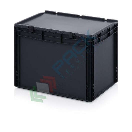 Cassetta in plastica (PP) conduttiva e antistatica, capacità 88 Lt, Mis. 600 L x 400 P x 435 H mm, coperchio integrato, Tipologia: Conduttive Antistatiche, Mis. Base (cm): 40 x 60, Altezza (cm): 43,5, Versione: Con Coperchio vendita, produzione, prezzi e offerte