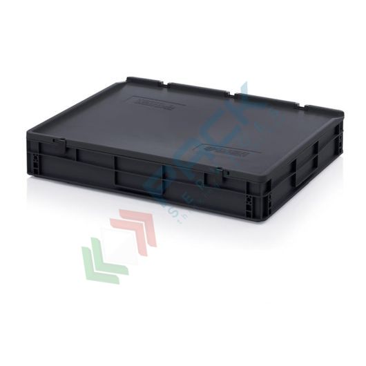 Cassetta in plastica (PP) conduttiva e antistatica, capacità 45 Lt, Mis. 800 L x 600 P x 140 H mm, coperchio integrato, Tipologia: Conduttive Antistatiche, Mis. Base (cm): 60 x 80, Altezza (cm): 14, Versione: Con Coperchio vendita, produzione, prezzi e offerte