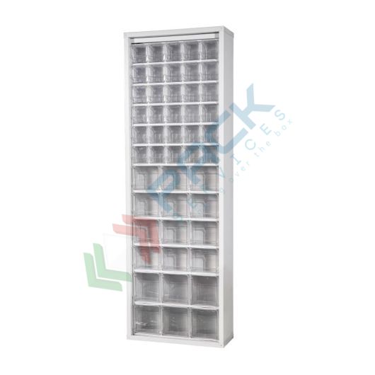 Scaffale con cassettiere porta minuteria, capacità 48 cassetti, Mis. 665 L x 250 P x 2000 H mm, colore grigio chiaro, Tipologia: Scaffale, Cassetti nr.: 48, Versione: 1 Pannello, Colore: Grigio Chiaro vendita, produzione, prezzi e offerte