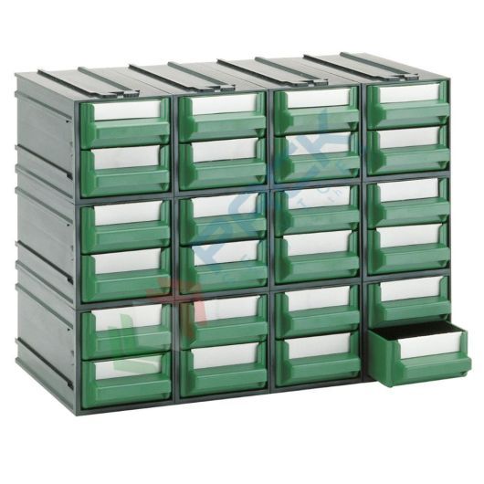 Cassettiera in plastica componibile con 24 cassetti, mis. 225 L x 133 P x 169 H mm, colore verde, Tipologia: Cassettiera Standard, Cassetti nr.: 24, Versione: Formato A, Colore: Verde + Nero vendita, produzione, prezzi e offerte