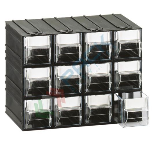Cassettiera in plastica componibile con 12 cassetti, mis. 225 L x 133 P x 169 H mm, colore trasparente, Tipologia: Cassettiera Standard, Cassetti nr.: 12, Versione: Formato A1, Colore: Trasparente + Nero vendita, produzione, prezzi e offerte