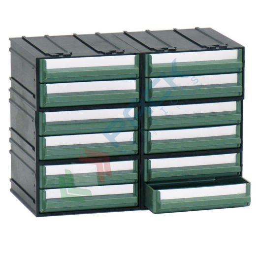 Cassettiera in plastica componibile con 12 cassetti, mis. 225 L x 133 P x 169 H mm, colore verde, Tipologia: Cassettiera Standard, Colore: Verde + Nero, Cassetti nr.: 12, Versione: Formato B vendita, produzione, prezzi e offerte