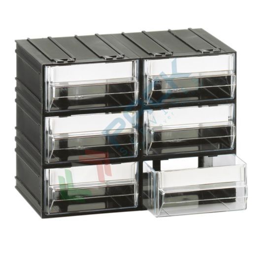 Cassettiera in plastica componibile con 6 cassetti, mis. 225 L x 133 P x 169 H mm, colore trasparente, Tipologia: Cassettiera Standard, Colore: Trasparente + Nero, Cassetti nr.: 6, Versione: Formato C vendita, produzione, prezzi e offerte