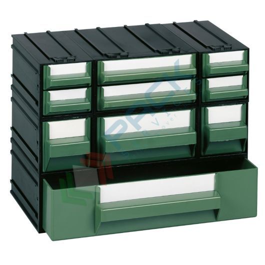 Cassettiera in plastica componibile con 10 cassetti, mis. 225 L x 133 P x 169 H mm, colore verde, Tipologia: Cassettiera Standard, Colore: Verde + Nero, Cassetti nr.: 10, Versione: Formato A+A1+B+C+D vendita, produzione, prezzi e offerte