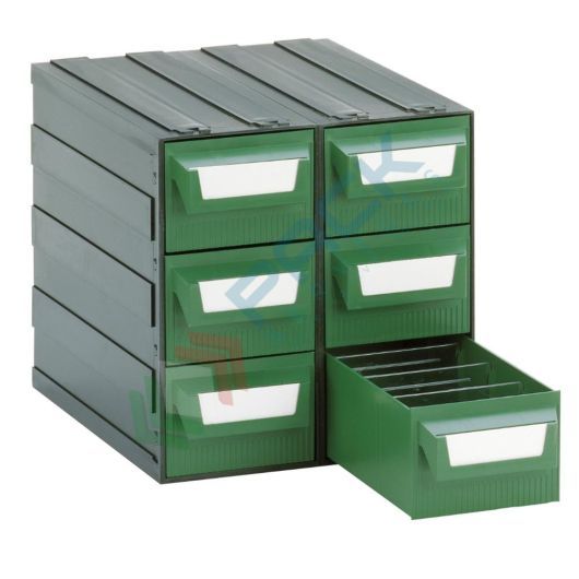 Cassettiera in plastica componibile con 6 cassetti e 12 separatori, mis. 225 L x 263 P x 228 H mm, colore verde, Tipologia: Cassettiera Maxi, Colore: Verde + Nero, Cassetti nr.: 6, Versione: Formato L vendita, produzione, prezzi e offerte
