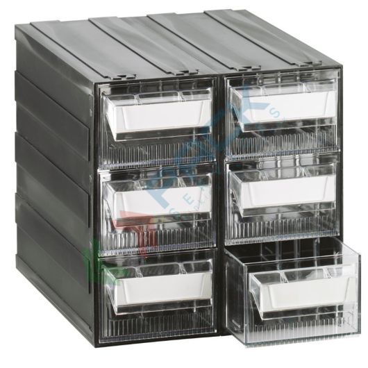 Cassettiera in plastica componibile con 6 cassetti e 12 separatori, mis. 225 L x 263 P x 228 H mm, colore trasparente, Tipologia: Cassettiera Maxi, Colore: Trasparente + Nero, Cassetti nr.: 6, Versione: Formato L vendita, produzione, prezzi e offerte