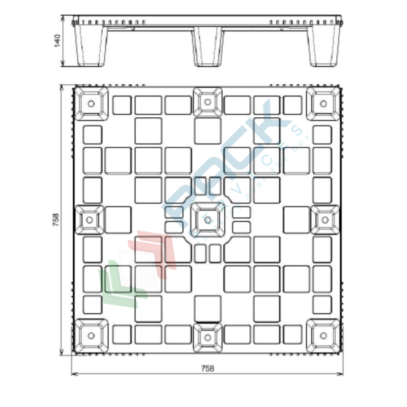 Pallet in plastica riciclata (PP), Mis. 750 L x 750 P x 140 H mm, con 9 piedi, piano forato, portata statica 600 Kg, portata dinamica 300 Kg, Tipologia: Pallet per Spedizioni, Mis. Base (cm): 75 x 75, Piano Superiore: Forato, Base d’Appoggio: 9 Piedi, Portata Statica (Kg): 600, Portata Dinamica (Kg): 300, Portata su Scaffale (Kg): NO, Altezza (cm): 14, 13 image vendita, produzione, prezzi e offerte