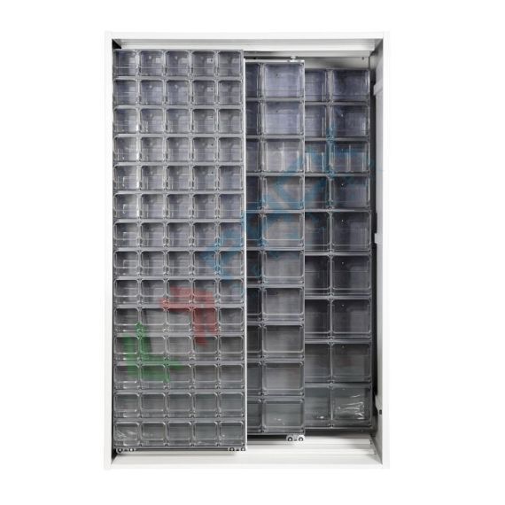 Armadio con cassettiere porta minuteria, capacità 154 cassetti, 2 pannelli fissi + 2 scorrevoli, colore grigio scuro, Tipologia: Scaffale con Pannelli Scorrevoli, Tipo Contenitore: Cassette Portaminuteria, Versione: 2 Fissi + 2 Scorrevoli, Cassetti/e nr.: 154, Colore: Grigio Scuro, Misura: 1270 L x 600 P x 1950 H mm vendita, produzione, prezzi e offerte