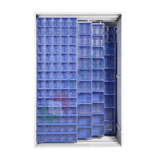 Armadio con cassettiere porta minuteria, capacità 144 cassetti, 2 pannelli fissi + 3 scorrevoli, colore blu, Tipologia: Scaffale con Pannelli Scorrevoli, Tipo Contenitore: Cassette Portaminuteria, Versione: 2 Fissi + 3 Scorrevoli, Cassetti/e nr.: 144, Colore: Blu, Misura: 1270 L x 800 P x 1950 H mm vendita, produzione, prezzi e offerte