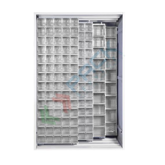 Armadio con cassettiere porta minuteria, capacità 224 cassetti, 2 pannelli fissi + 3 scorrevoli, colore grigio chiaro, Tipologia: Scaffale con Pannelli Scorrevoli, Tipo Contenitore: Cassette Portaminuteria, Versione: 2 Fissi + 3 Scorrevoli, Cassetti/e nr.: 224, Colore: Grigio Chiaro, Misura: 1270 L x 800 P x 1950 H mm vendita, produzione, prezzi e offerte