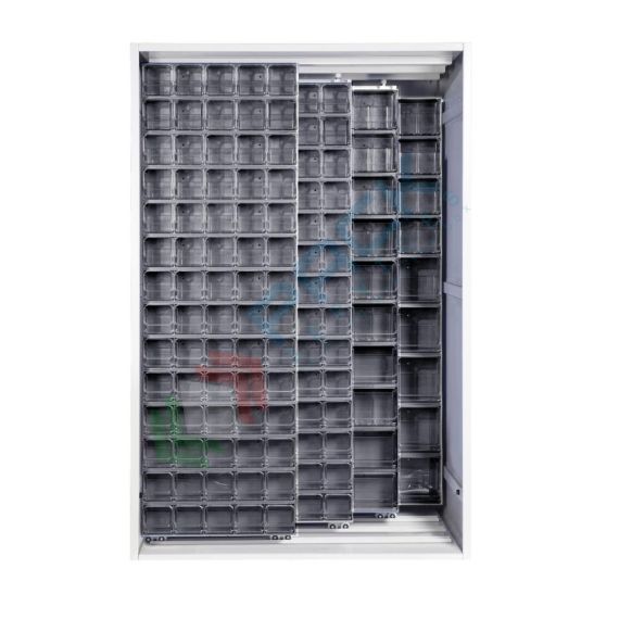 Armadio con cassettiere porta minuteria, capacità 224 cassetti, 2 pannelli fissi + 3 scorrevoli, colore grigio scuro, Tipologia: Scaffale con Pannelli Scorrevoli, Tipo Contenitore: Cassette Portaminuteria, Versione: 2 Fissi + 3 Scorrevoli, Cassetti/e nr.: 224, Colore: Grigio Scuro, Misura: 1270 L x 800 P x 1950 H mm vendita, produzione, prezzi e offerte