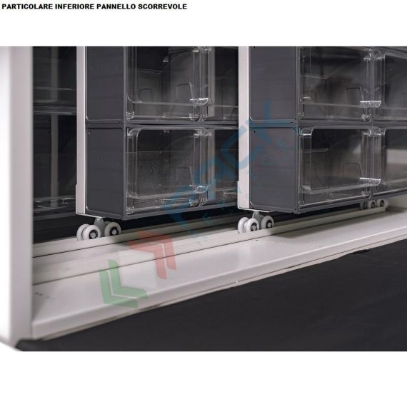 Armadio con cassettiere porta minuteria, capacità 130 cassetti, 2 pannelli fissi + 1 scorrevole, colore grigio scuro, Tipologia: Scaffale con Pannelli Scorrevoli, Tipo Contenitore: Cassette Portaminuteria, Versione: 2 Fissi + 1 Scorrevole, Cassetti/e nr.: 130, Colore: Grigio Scuro, Misura: 1270 L x 400 P x 1950 H mm, 8 image vendita, produzione, prezzi e offerte