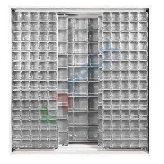 Armadio con cassettiere porta minuteria, capacità 281 cassetti, 3 pannelli fissi + 4 scorrevoli, colore grigio chiaro, Tipologia: Scaffale con Pannelli Scorrevoli, Tipo Contenitore: Cassette Portaminuteria, Versione: 3 Fissi + 4 Scorrevoli, Cassetti/e nr.: 281, Colore: Grigio Chiaro, Misura: 1870 L x 600 P x 1950 H mm vendita, produzione, prezzi e offerte