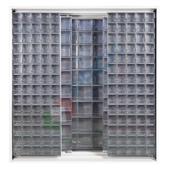 Armadio con cassettiere porta minuteria, capacità 281 cassetti, 3 pannelli fissi + 4 scorrevoli, colore grigio scuro, Tipologia: Scaffale con Pannelli Scorrevoli, Tipo Contenitore: Cassette Portaminuteria, Versione: 3 Fissi + 4 Scorrevoli, Cassetti/e nr.: 281, Colore: Grigio Scuro, Misura: 1870 L x 600 P x 1950 H mm vendita, produzione, prezzi e offerte