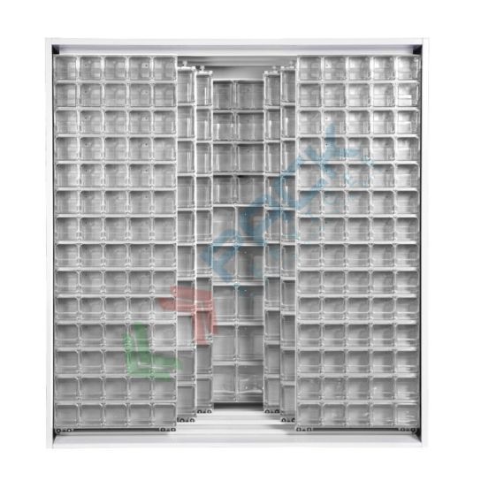 Armadio con cassettiere porta minuteria, capacità 341 cassetti, 3 pannelli fissi + 6 scorrevoli, colore grigio chiaro, Tipologia: Scaffale con Pannelli Scorrevoli, Tipo Contenitore: Cassette Portaminuteria, Versione: 3 Fissi + 6 Scorrevoli, Cassetti/e nr.: 341, Colore: Grigio Chiaro, Misura: 1870 L x 800 P x 1950 H mm vendita, produzione, prezzi e offerte