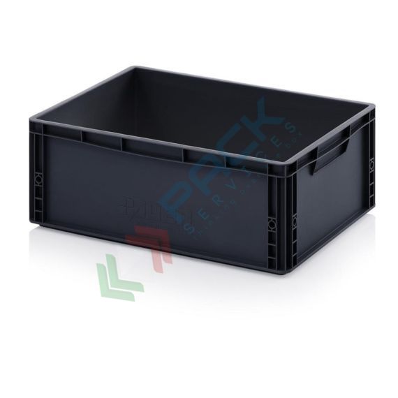 Cassetta in plastica (PP) conduttiva e antistatica, capacità 45 Lt, Mis. 600 L x 400 P x 220 H mm, Tipologia: Cassa Antistatica, Versione: Senza Coperchio, Mis. Base (cm): 40 x 60, Altezza (cm): 22, Capacità: 45 Lt, Contatto Diretto con Alimenti: NO, Colore: Nero vendita, produzione, prezzi e offerte