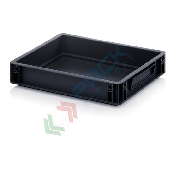 Cassetta in plastica (PP) conduttiva e antistatica, capacità 6,9 Lt, Mis. 400 L x 300 P x 75 H mm, Tipologia: Cassa Antistatica, Versione: Senza Coperchio, Mis. Base (cm): 30 x 40, Altezza (cm): 7,5, Capacità: 6,9 Lt, Contatto Diretto con Alimenti: NO, Colore: Nero vendita, produzione, prezzi e offerte