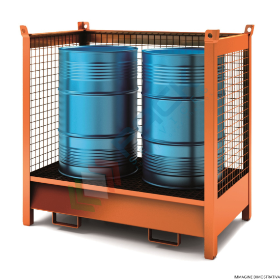 Vasca di contenimento liquidi in acciaio, con pareti in rete, ideale per 2 fusti, volume di raccolta 230 Lt, Mis. 1350 L x 860 P x 1460 H mm, colore arancio RAL 2001, Tipologia: Vasca per Fusti, Ideale per: 2 Fusti, Versione: con Pareti in Rete, Materiale: Acciaio, Volume di Raccolta (Lt): 230 vendita, produzione, prezzi e offerte
