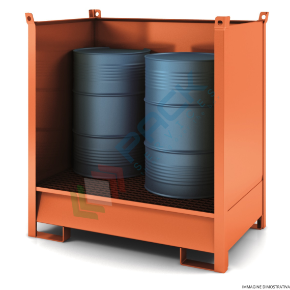 Vasca di contenimento liquidi in acciaio, con pareti in lamiera, ideale per 2 fusti, volume di raccolta 230 Lt, Mis. 1350 L x 860 P x 1460 H mm, colore arancio RAL 2001, Tipologia: Vasca per Fusti, Ideale per: 2 Fusti, Versione: con Pareti in Lamiera, Materiale: Acciaio, Volume di Raccolta (Lt): 230 vendita, produzione, prezzi e offerte