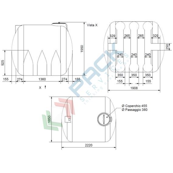 Serbatoio acqua in plastica (PE), cilindrico orizzontale con piedini, capacità 5000 Lt, Mis. 1850 L x 2220 P x 1980 H mm, colore azzurro, Tipologia: Serbatoio Cilindrico Orizzontale, Capacità: 5000 Lt, Versione: con Piedi d'Appoggio, 9 image vendita, produzione, prezzi e offerte