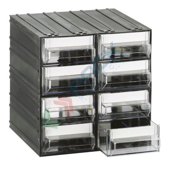Cassettiera in plastica componibile con 8 cassetti e 8 separatori estraibili, mis. 225 L x 225 P x 225 H mm, colore trasparente, Tipologia: Cassettiera Media, Cassetti/e nr.: 8, Formato: Formato 45, Colore: Nero + Trasparente vendita, produzione, prezzi e offerte