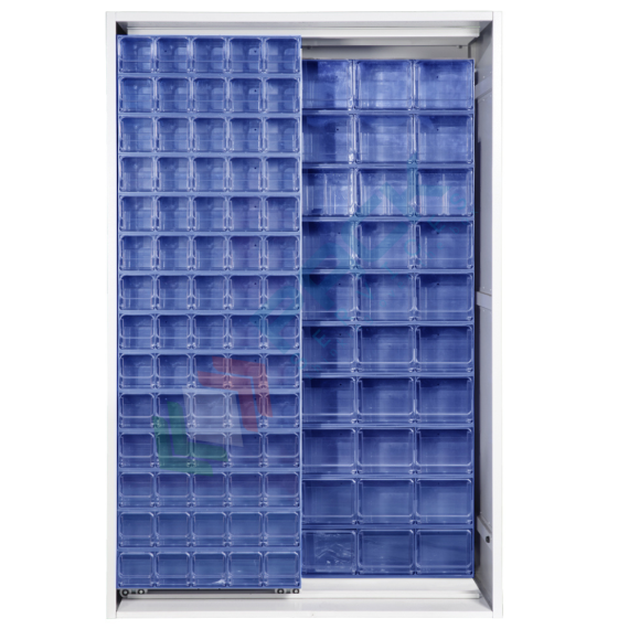 Armadio con cassettiere porta minuteria, capacità 210 cassetti, 2 pannelli fissi + 1 scorrevole, colore blu, Tipologia: Scaffale con Pannelli Scorrevoli, Tipo Contenitore: Cassette Portaminuteria, Versione: 2 Fissi + 1 Scorrevole, Cassetti/e nr.: 210, Colore: Blu, Misura: 1270 L x 400 P x 1950 H mm vendita, produzione, prezzi e offerte