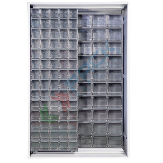 Armadio con cassettiere porta minuteria, capacità 90 cassetti, 2 pannelli fissi + 1 scorrevole, colore grigio chiaro, Tipologia: Scaffale con Pannelli Scorrevoli, Tipo Contenitore: Cassette Portaminuteria, Versione: 2 Fissi + 1 Scorrevole, Cassetti/e nr.: 90, Colore: Grigio Chiaro, Misura: 1270 L x 400 P x 1950 H mm vendita, produzione, prezzi e offerte