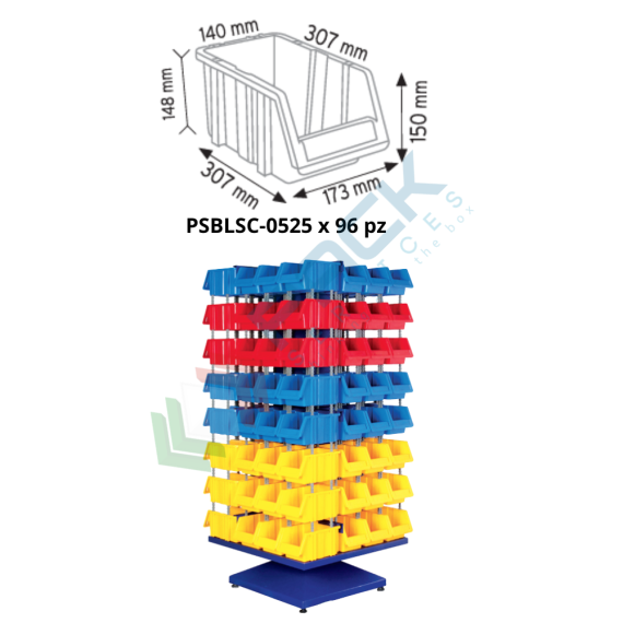 Scaffale con piantana composto da 96 cassette in plastica bocca di lupo, realizzato in metallo/legno, Mis. 820 L x 820 P x 1880 H mm, base con piedini, Tipologia: Piantana, Tipo Contenitore: Cassette Bocca di Lupo, Versione: Standard, Cassetti/e nr.: 96, Colore: Misto, Misura: 820 L x 820 P x 1880 H mm, 6 image vendita, produzione, prezzi e offerte