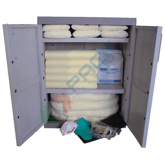 Kit di pronto intervento per prodotti chimici, capacità assorbimento 131 Lt, confezionato in armadio in polietilene con due ante e due ripiani, Tipologia: Kit Chimici, Modello: Contenitore Armadio, Confezionamento: Armadio, Capacità di Assorbimento Conf. (Lt): 131 vendita, produzione, prezzi e offerte