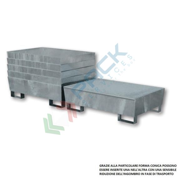 Vasca di contenimento liquidi in acciaio zincato, conica ed inseribile, ideale per 2 fusti, volume di raccolta 220 Lt, Mis. 1300 L x 800 P x 340 H mm, Tipologia: Vasca per Fusti, Ideale per: 2 Fusti, Versione: Conica con Griglia, Materiale: Acciaio, Volume di Raccolta (Lt): 220, 17 image vendita, produzione, prezzi e offerte