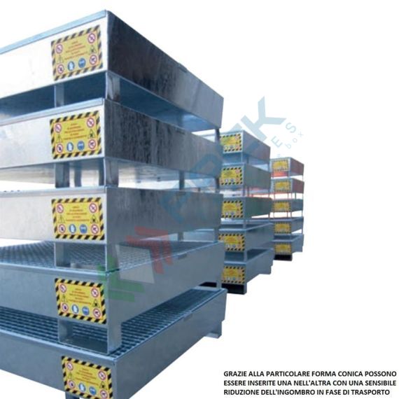 Vasca di contenimento liquidi in acciaio zincato, conica ed inseribile, ideale per 2 fusti, volume di raccolta 220 Lt, Mis. 1300 L x 800 P x 340 H mm, Tipologia: Vasca per Fusti, Ideale per: 2 Fusti, Versione: Conica con Griglia, Materiale: Acciaio, Volume di Raccolta (Lt): 220, 18 image vendita, produzione, prezzi e offerte