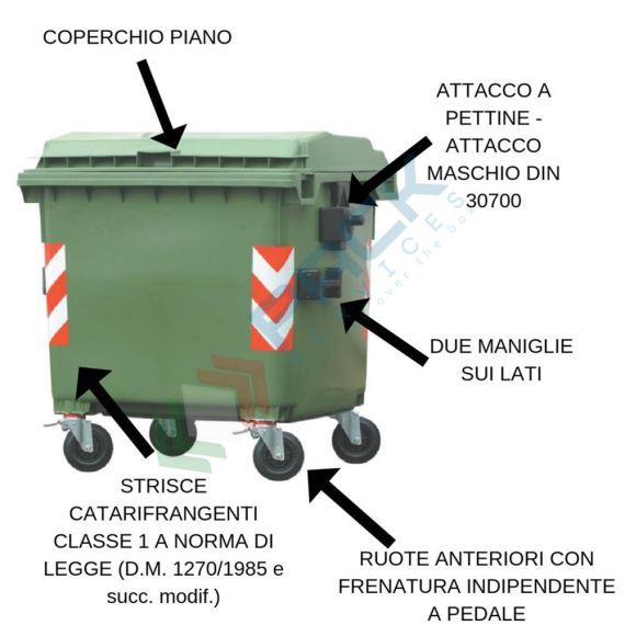 Cassonetto per la raccolta differenziata rifiuti, capacità 660 Lt, certificato UNI EN 840, coperchio piano, colore verde, Tipologia: Cassonetto UNI EN 840, Capacità: 660 Lt, Chiusura: Coperchio Piano, Versione: Standard, Colore: Verde, 7 image vendita, produzione, prezzi e offerte