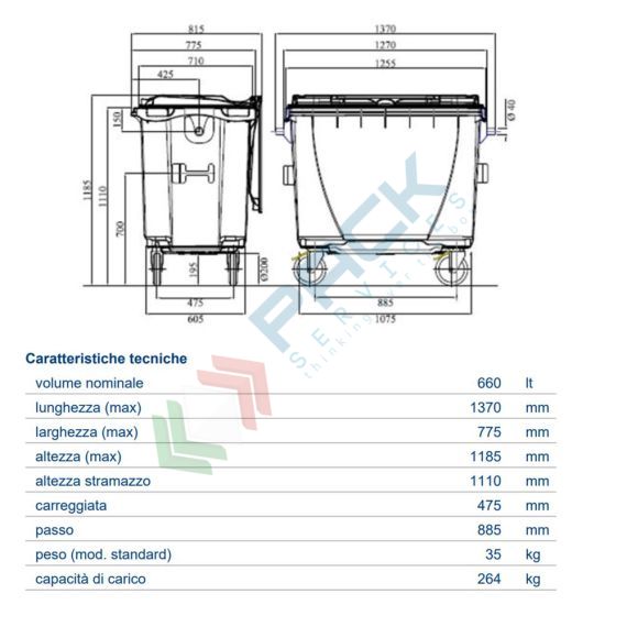 Cassonetto per la raccolta differenziata rifiuti, capacità 660 Lt, certificato UNI EN 840, coperchio piano, colore verde, Tipologia: Cassonetto UNI EN 840, Capacità: 660 Lt, Chiusura: Coperchio Piano, Versione: Standard, Colore: Verde, 6 image vendita, produzione, prezzi e offerte