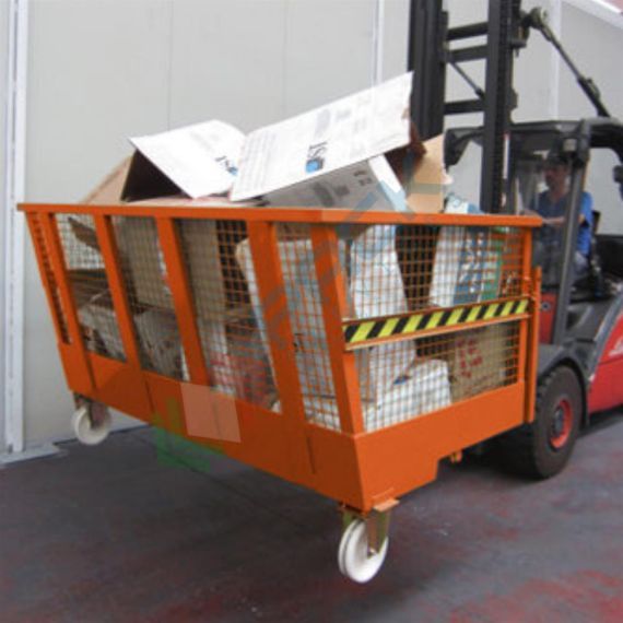 Benna ribaltabile con ruote, in rete di acciaio, capacità 2000 Lt, portata 2000 Kg, svuotamento con muletto, arancio RAL 2004, Tipologia: Benna Scarico con Muletto, Pareti: In Rete, Base: 4 Ruote, Capacità: 2000 Lt, Portata (Kg): 2000, 6 image vendita, produzione, prezzi e offerte