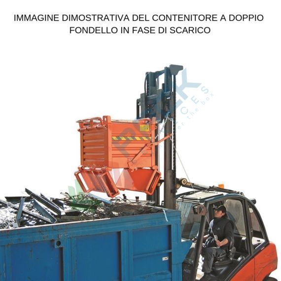 Contenitore in lamiera con fondo apribile a doppio portello, Mis. 2000 L x 1000 P x 1260 H mm, portata 2000 Kg, colore arancio RAL 2004, Tipologia: Contenitore Fondello Doppio, Pareti: Chiuse, Base: con Slitte, Mis. Base (cm): 100 x 200, Altezza (cm): 126, Portata (Kg): 2000, 5 image vendita, produzione, prezzi e offerte