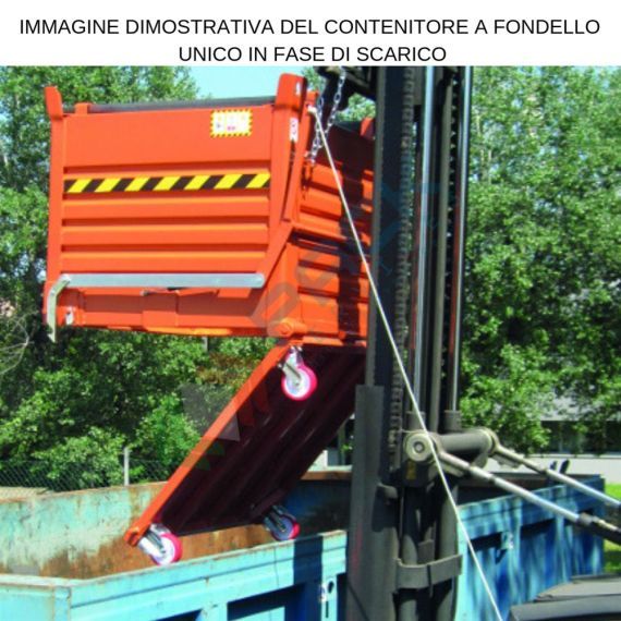 Contenitore in lamiera con fondo apribile ad unico portello, con 4 ruote, Mis. 1500 L x 800 P x 1144 H mm, portata 1350 Kg, colore arancio RAL 2004, Tipologia: Contenitore Fondello Unico, Pareti: Chiuse, Base: con Ruote, Mis. Base (cm): 80 x 150, Altezza (cm): 114,4, Portata (Kg): 1350, 3 image vendita, produzione, prezzi e offerte