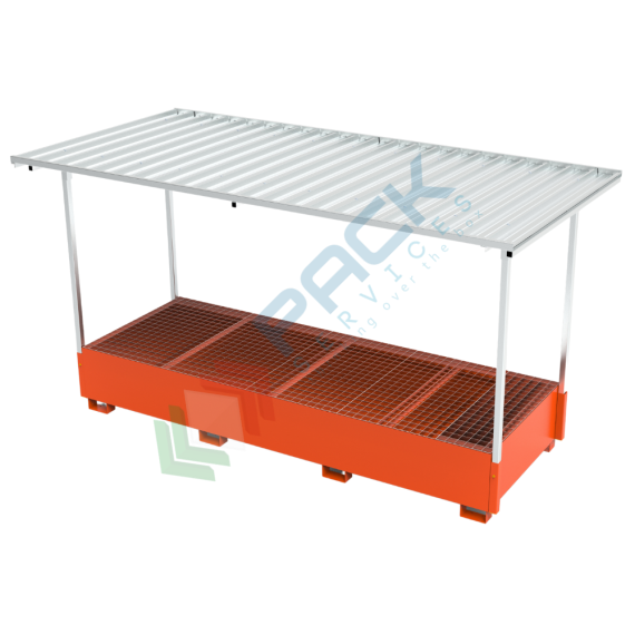 Vasca di contenimento liquidi in acciaio con tettoia smontabile, volume di raccolta 2000 Lt, ideale per 3 cisterne IBC, Mis. 3724 L x 1300 P x 2100 H mm, colore arancio RAL 2004, Tipologia: Vasca per Cisterne, Ideale per: 3 Cisterne, Versione: con Tettoia, Materiale: Acciaio, Volume di Raccolta (Lt): 2000 vendita, produzione, prezzi e offerte