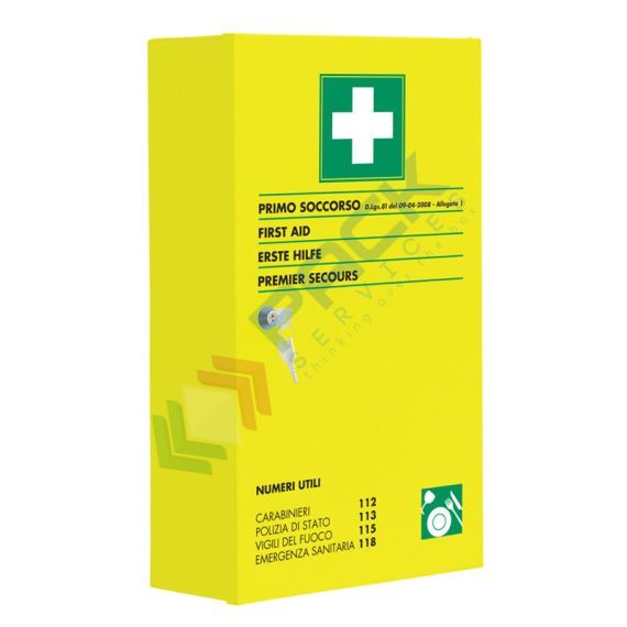 Armadietto pronto soccorso in metallo verniciato con polvere epossidica FLUO, contenuto base + MAGGIORAZIONE comparto ALIMENTARE conforme all'allegato 1 del D.lgs. 81/2008-D.M.388/2003, ideale per 3 o più lavoratori (per aziende del gruppo AB), Tipologia: Armadietto Metallo - FLUO, Misura: 30 x 50 x 12 cm, Allegato: Allegato 1, Contenuto: Maggiorazione ALIMENTARE, Azienda: Gruppo A e B vendita, produzione, prezzi e offerte