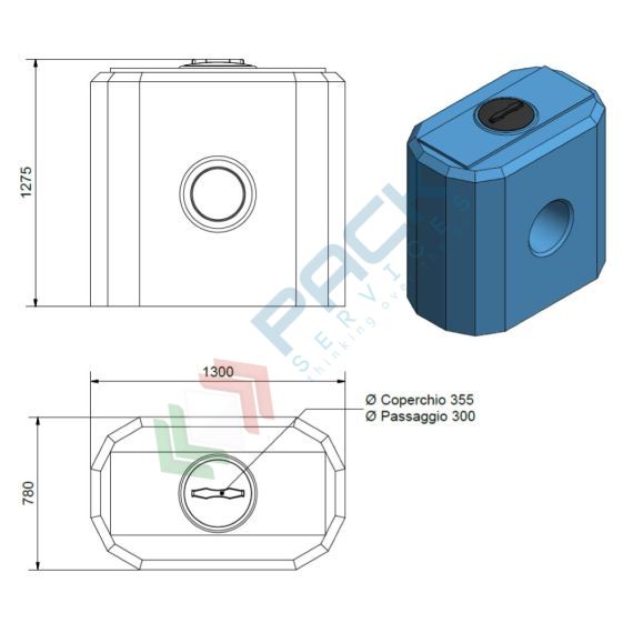 Serbatoio acqua in plastica (PE), compatto orizzontale, capacità 1050 Lt, Mis. 1300 L x 780 P x 1275 H mm, colore azzurro, Tipologia: Serbatoio Compatto, Capacità: 1010 Lt, Versione: Orizzontale (HOLE), 9 image vendita, produzione, prezzi e offerte