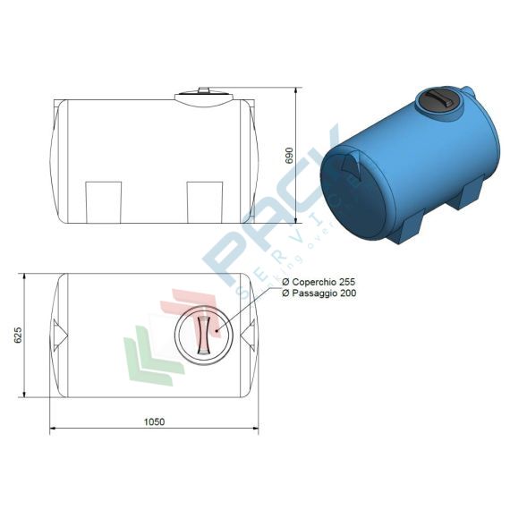 Serbatoio acqua in plastica (PE), cilindrico orizzontale con piedini, capacità 300 Lt, Mis. 625 L x 1050 P x 720 H mm, colore azzurro, Tipologia: Serbatoio Cilindrico Orizzontale, Capacità: 300 Lt, Versione: con Piedi d'Appoggio, 9 image vendita, produzione, prezzi e offerte