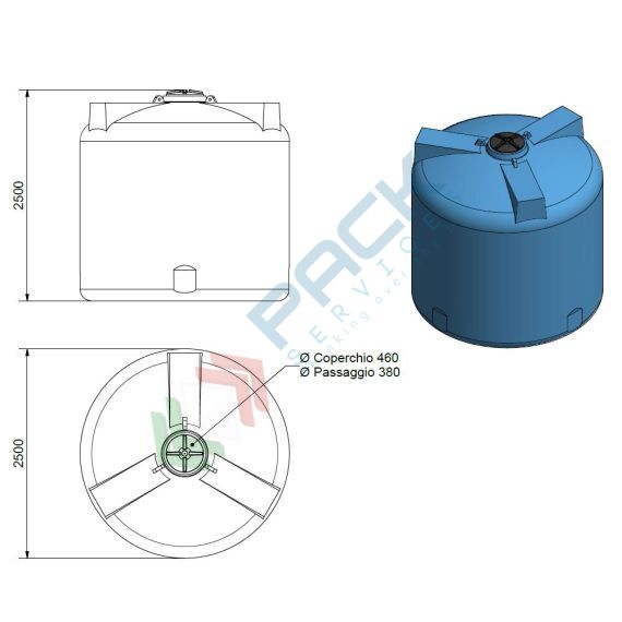 Serbatoio acqua in plastica (PE), cilindrico verticale, capacità 10400 Lt, Mis. Ø 2500 x 2500 H mm, colore azzurro, Tipologia: Serbatoio Cilindrico Verticale, Capacità: 10400 Lt, Versione: Alto, 9 image vendita, produzione, prezzi e offerte